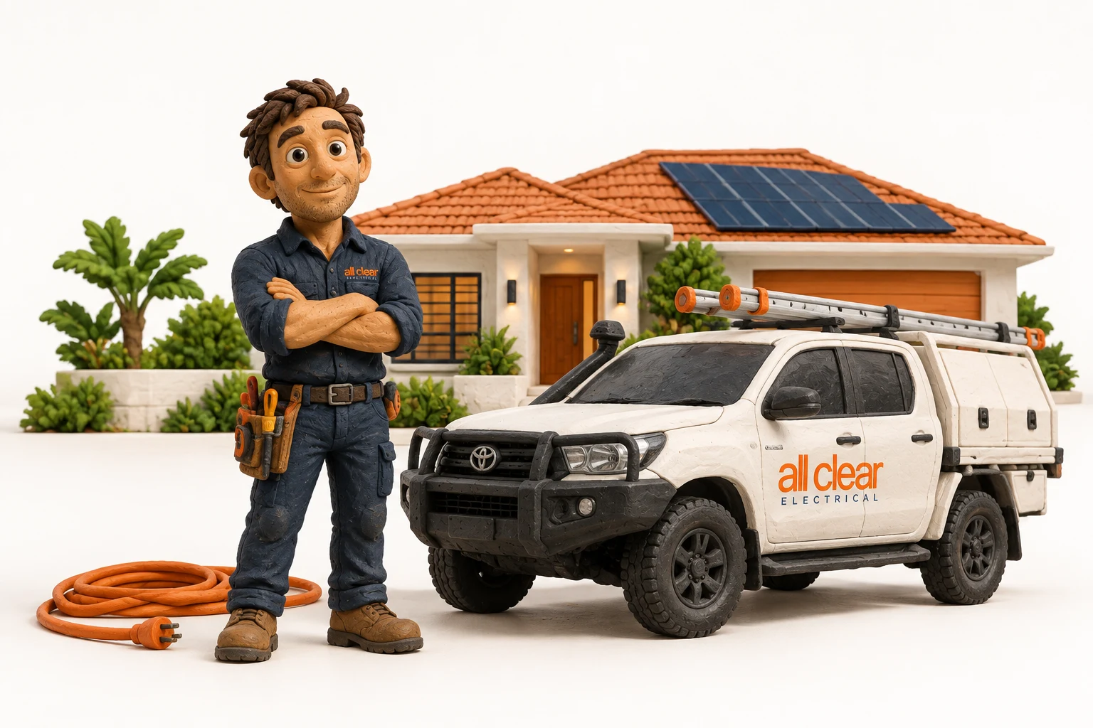 Handcrafted clay All Clear electrician beside a branded white ute and a Queensland home with solar panels