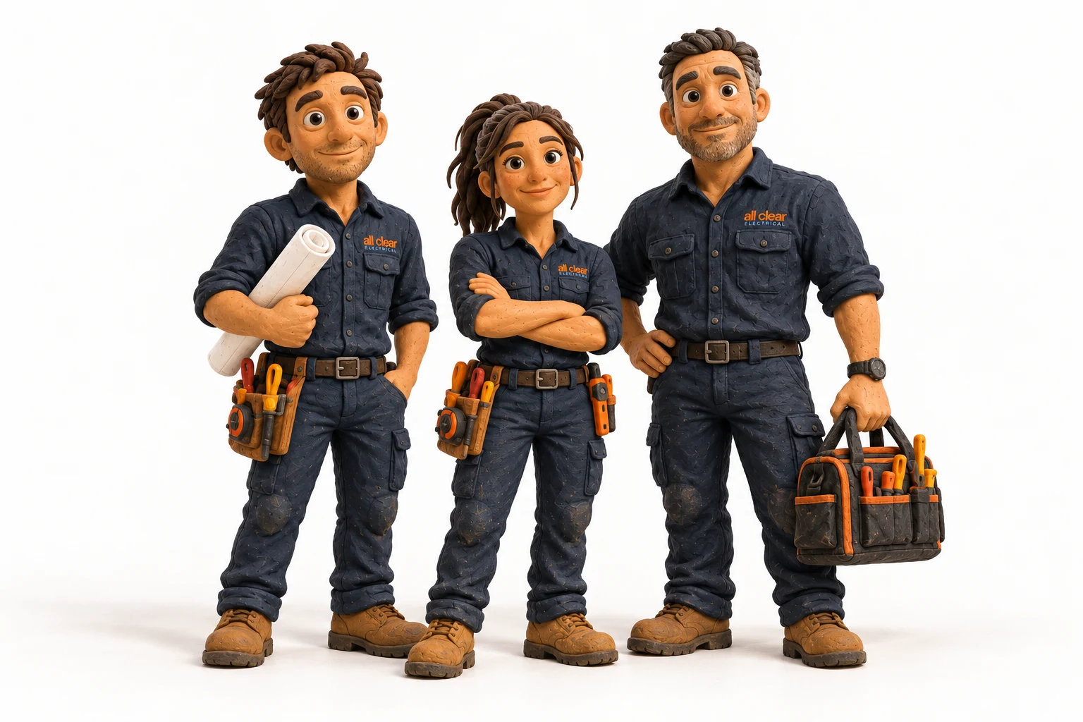 Clay illustration of three All Clear electricians in navy workwear
